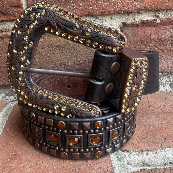 Nomad Studded Rhinestone Western Leather Belt Floral Buckle Brown S/M NEW main image 4